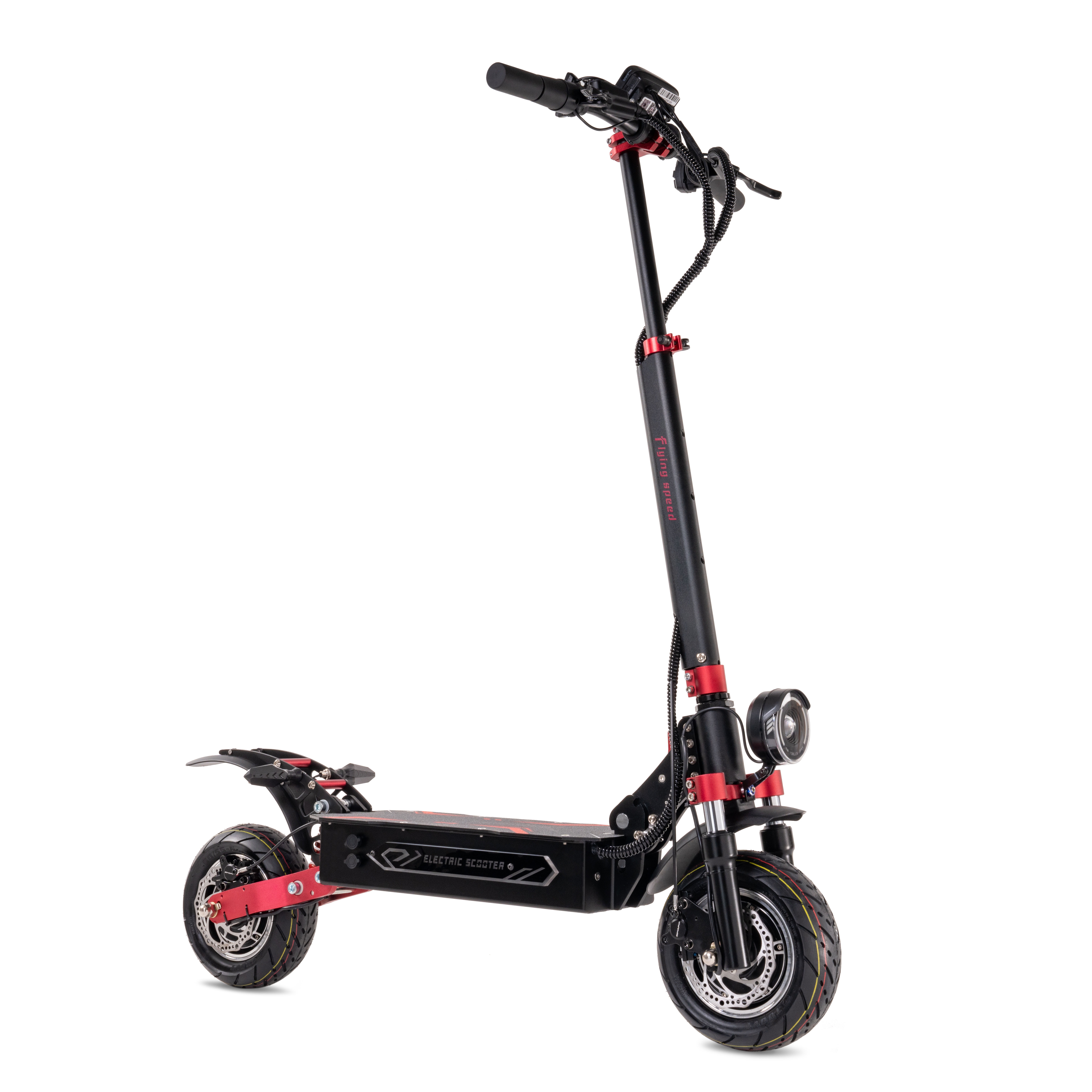 Monopattino elettrico nero con accenti rossi, ruote anteriori e posteriori, manubrio con display.