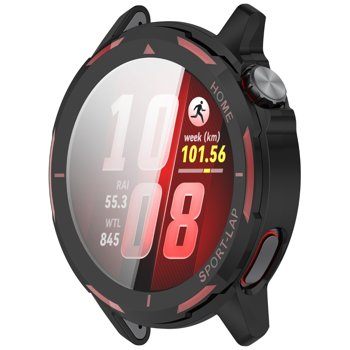 Schwarze Sportuhr mit rotem Display, zeigt 10:08, 101,56 km und andere Daten.