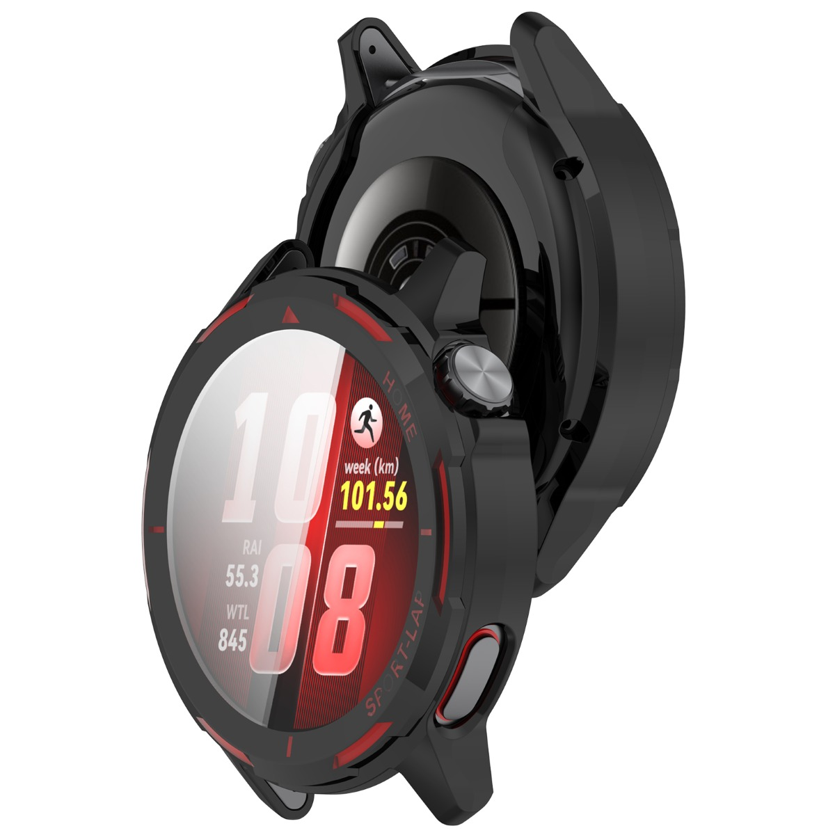 Schwarze Smartwatch mit rotem Akzent, zeigt Laufdaten an.