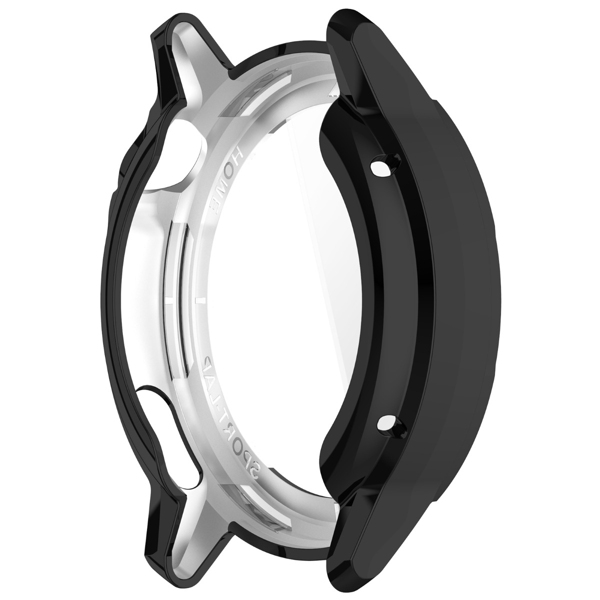 Ein schwarzes Schutzgehäuse für eine runde Smartwatch, das den Rand bedeckt.