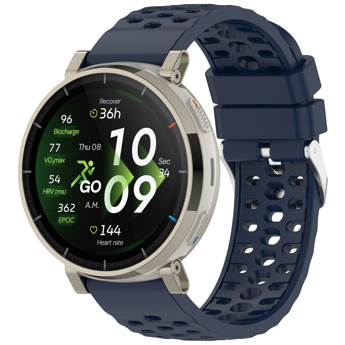 Eine silberne Smartwatch mit dunkelblauem Armband zeigt Fitnessdaten an.