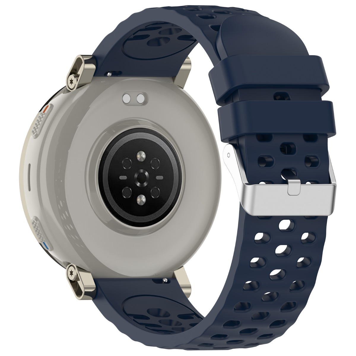 Rückseite einer Smartwatch mit blauem Armband und silberner Schnalle.