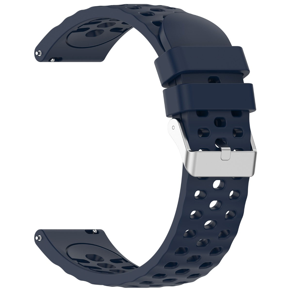 Dunkelblaues Silikon-Uhrenarmband mit silberner Schnalle und Lochmuster.