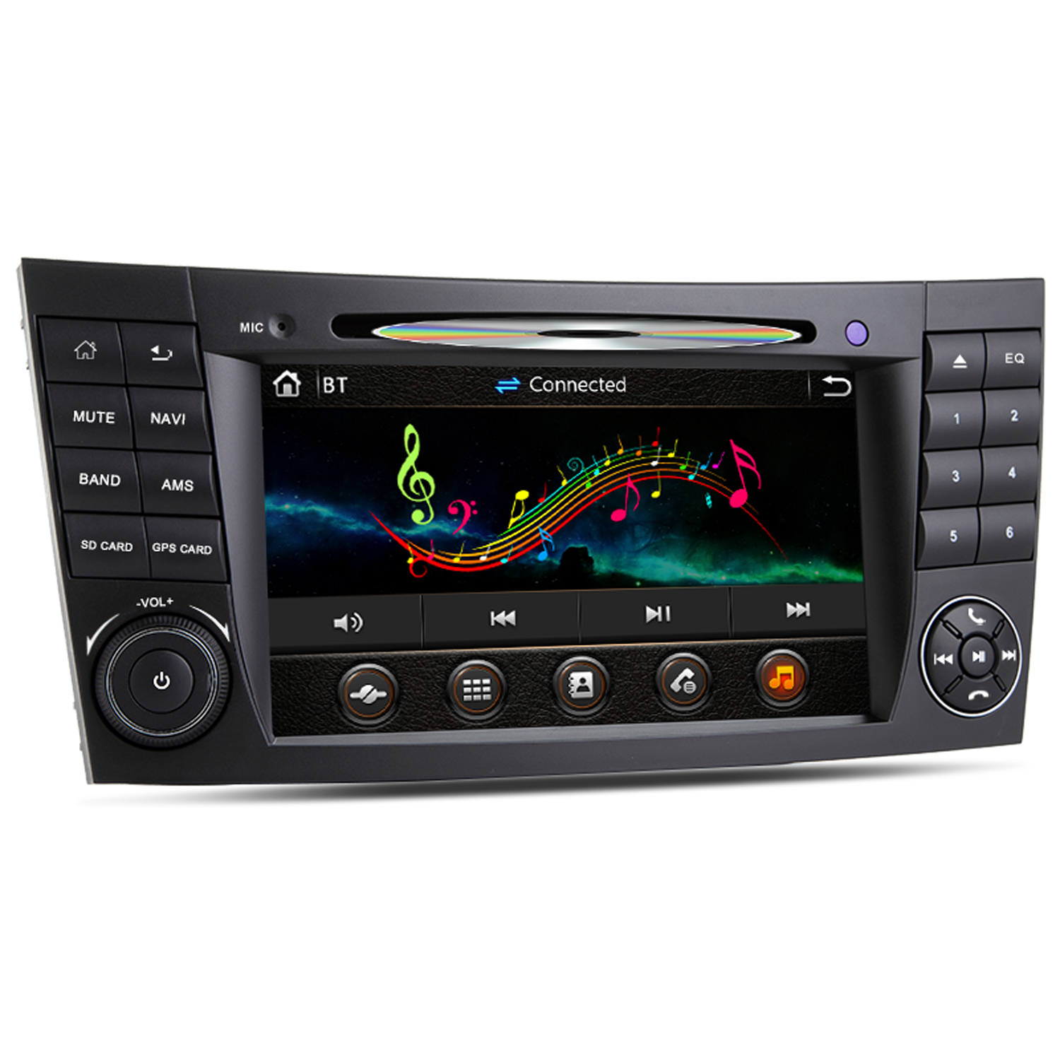 Auto-Infotainmentsystem mit Touchscreen, das bunte Musiknoten und Mediensteuerungen anzeigt.