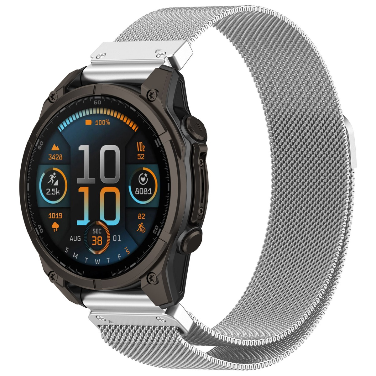 Dunkelgraue Smartwatch mit silbernem Milanaise-Armband und buntem Display.