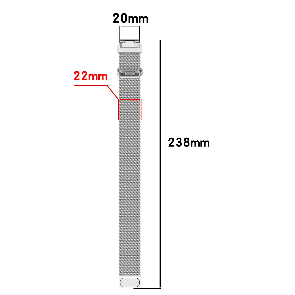 Silbernes Mesh-Armband mit Maßen 20mm, 22mm und 238mm.