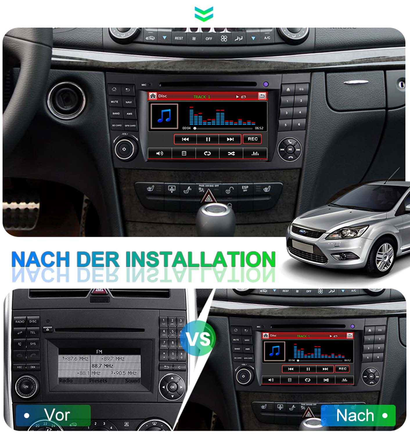 Vergleich zweier Auto-Infotainmentsysteme: Vor und Nach der Installation.
