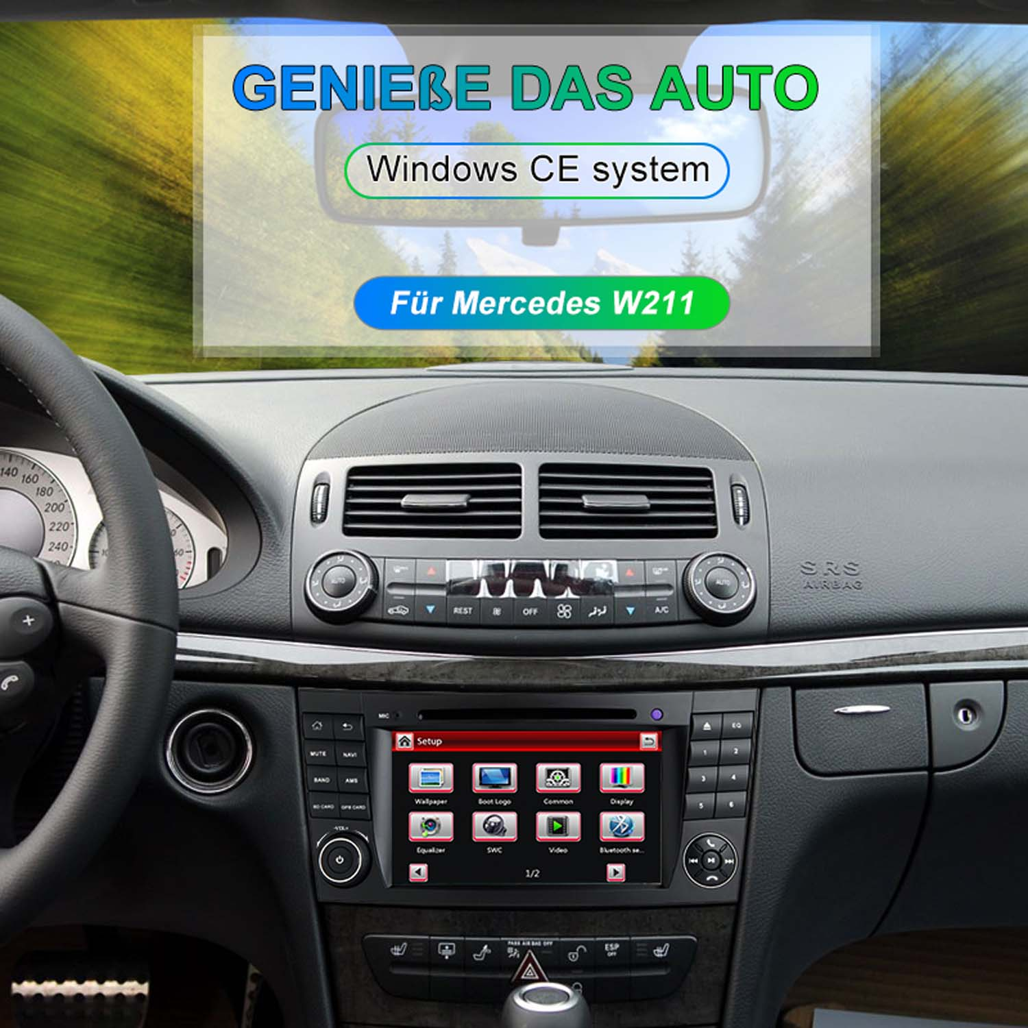 Innenansicht eines Autos mit Touchscreen-Navigationssystem und Text-Overlay.