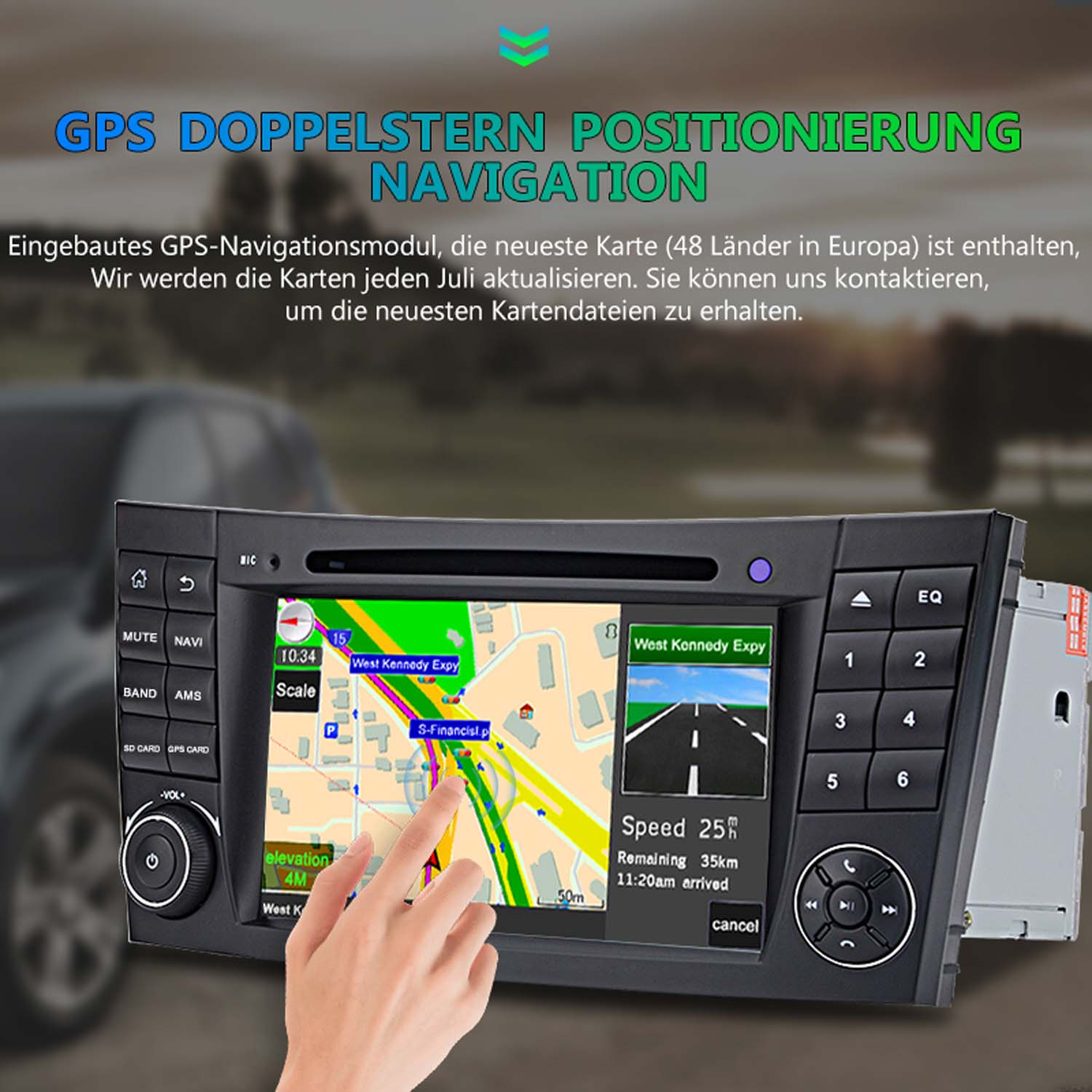 Ein Auto-Navigationssystem mit Karte, Geschwindigkeit und Routeninformationen.
