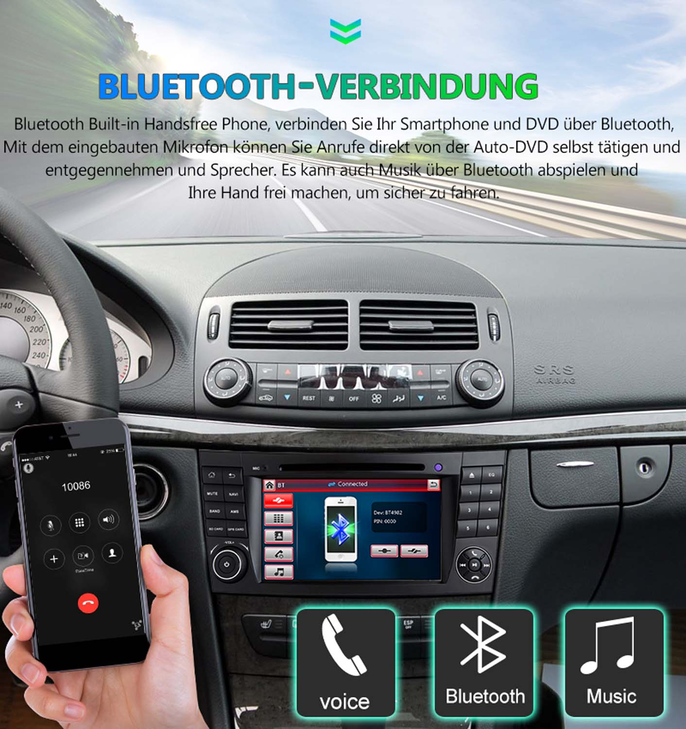 Ein Smartphone wird über Bluetooth mit dem Auto-DVD-System verbunden.