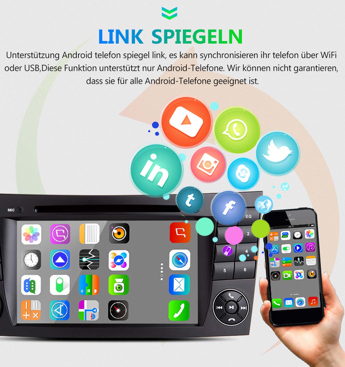 Android-Telefon-Spiegelung mit App-Icons auf einem Autoradio und Smartphone.