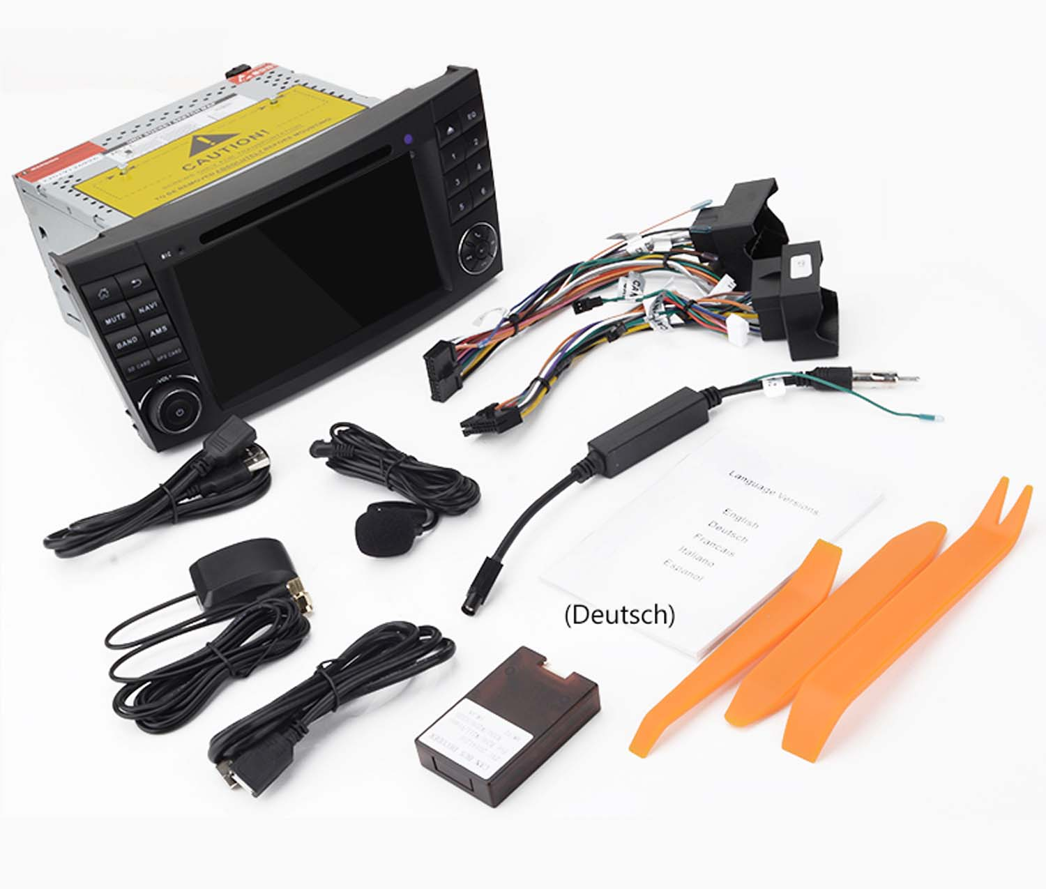 Car-Radio-Zubehör mit Kabeln, Mikrofon, GPS-Modul, Werkzeug und Anleitung.