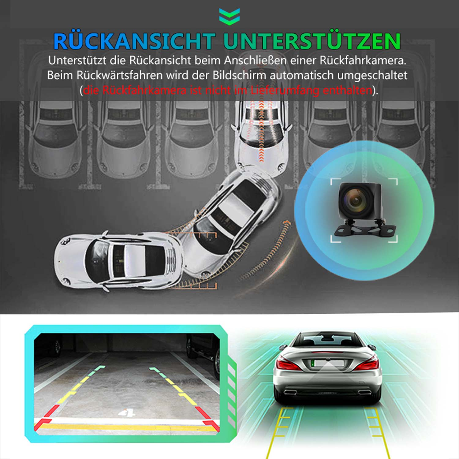 Illustration zeigt eine Rückfahrkamera und Parkhilfslinien.