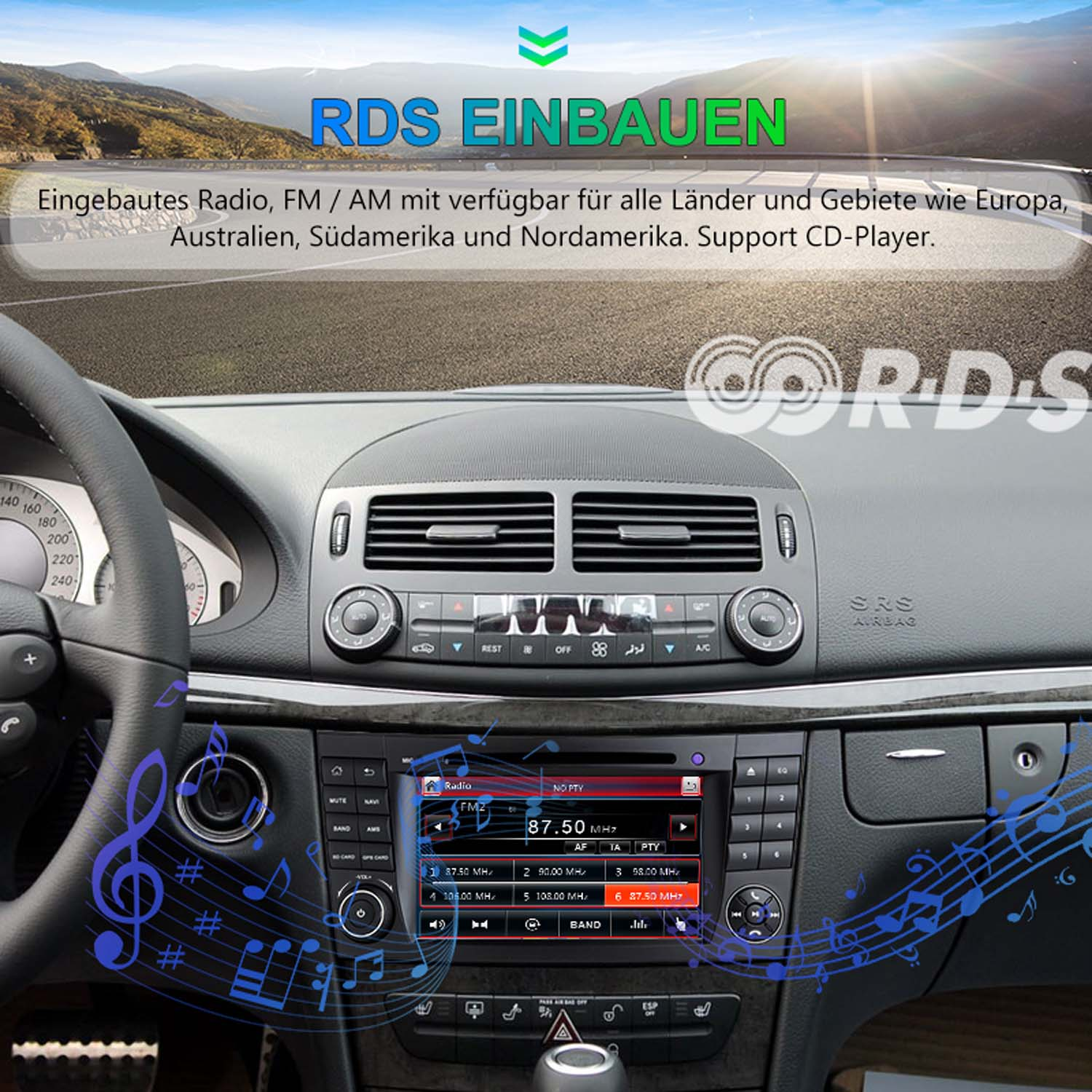 Auto-Innenraum mit Radioanzeige, Musiknoten und Berglandschaft.