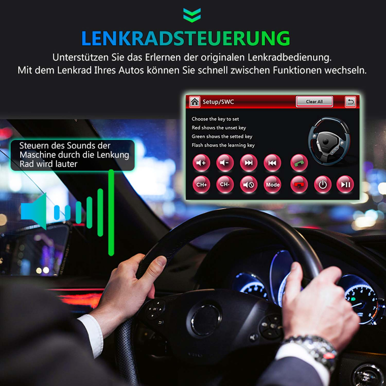Mann im Auto steuert Lenkrad. Bildschirm zeigt SWC Setup mit Tasten.