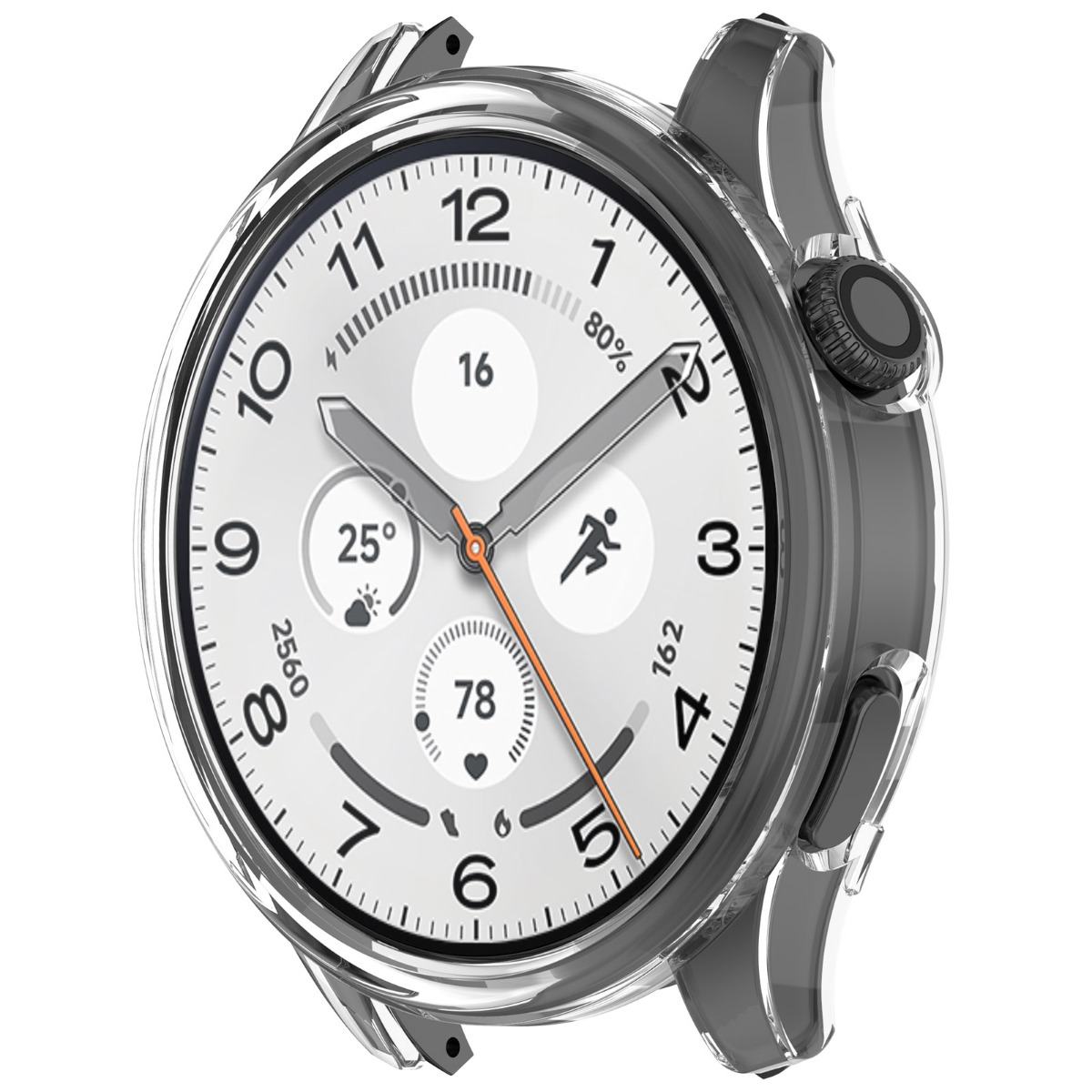 Uno smartwatch con cassa trasparente, quadrante bianco e molteplici letture.
