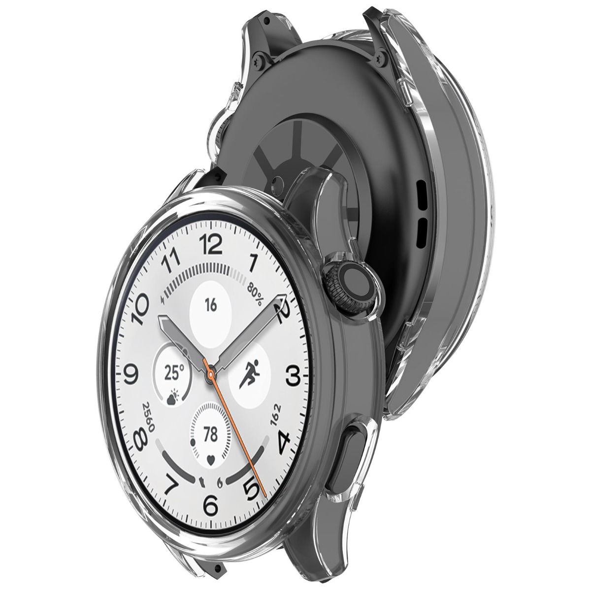 Custodia protettiva trasparente su uno smartwatch con quadrante bianco e lancette nere.