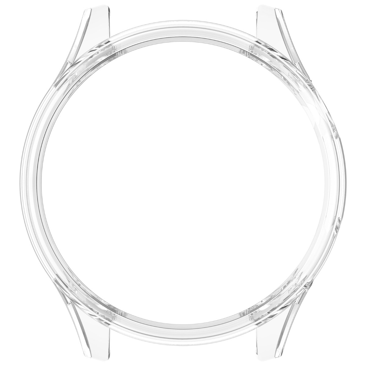Paraurti trasparente per orologio in plastica, forma circolare con linguette.