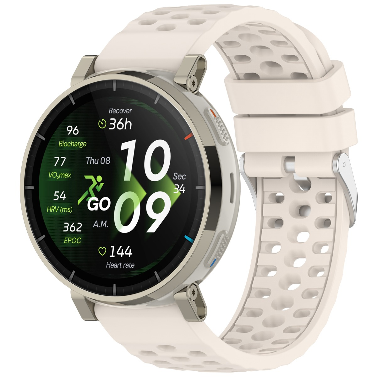 Uno smartwatch bianco con cassa argentata e quadrante sportivo.