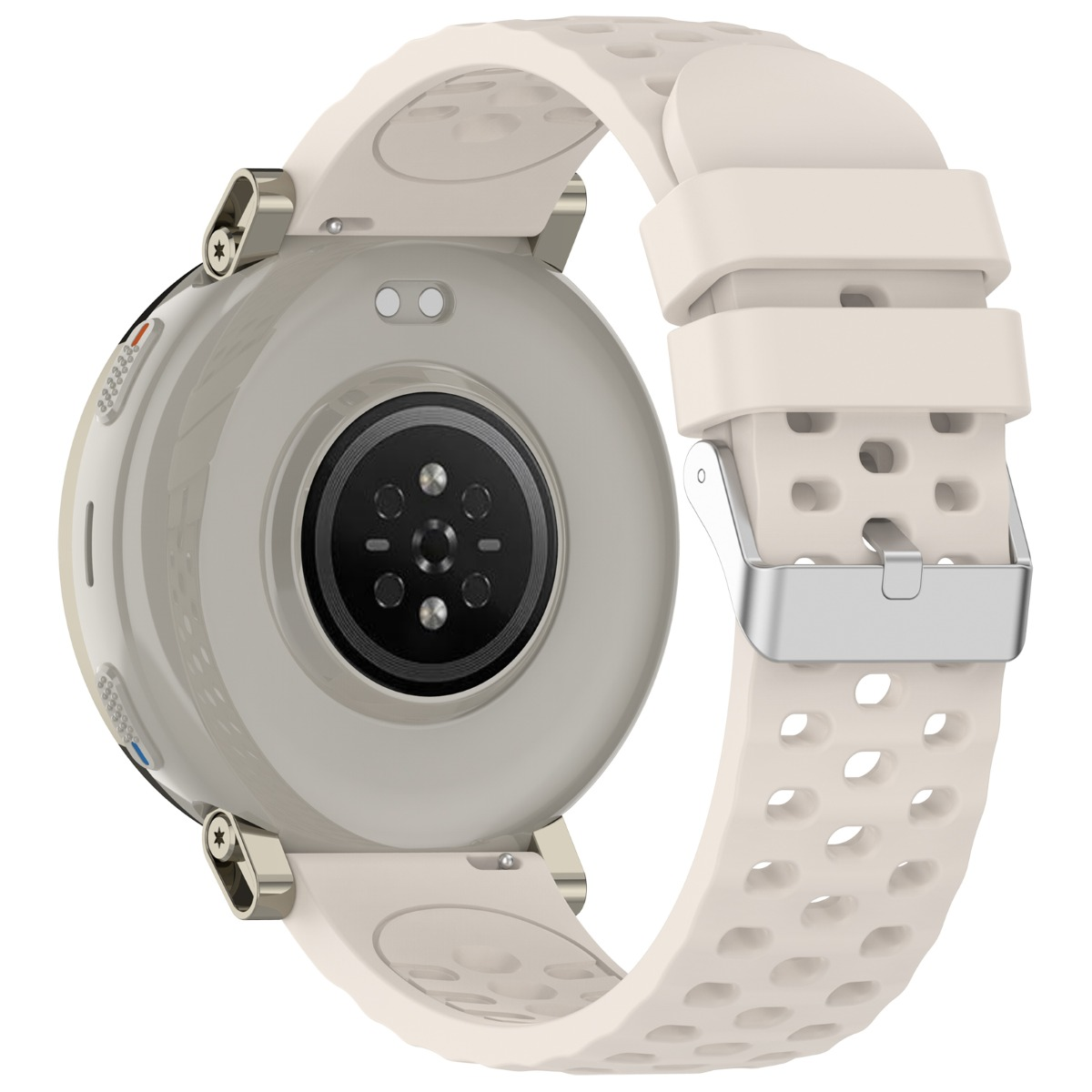 Retro di uno smartwatch color crema con sensore di frequenza cardiaca e cinturino traforato.