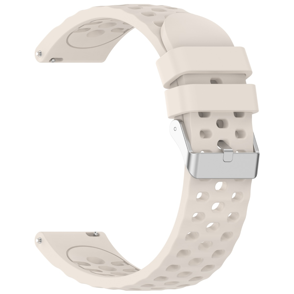 Un cinturino per orologio color crema con fori e fibbia in metallo.