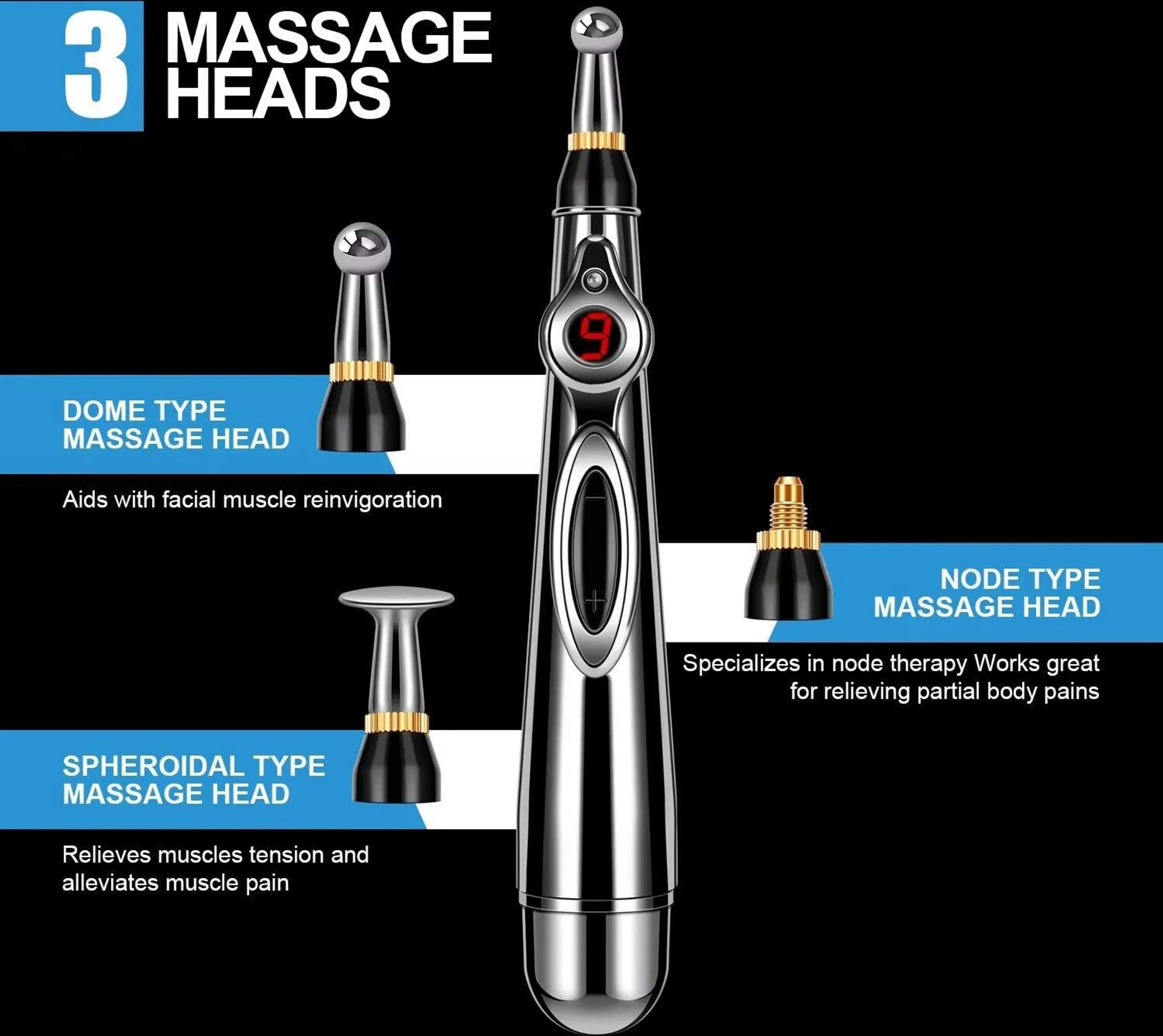 Massagegerät mit 3 Aufsätzen: Dome, Spheroidal und Node-Typ.
