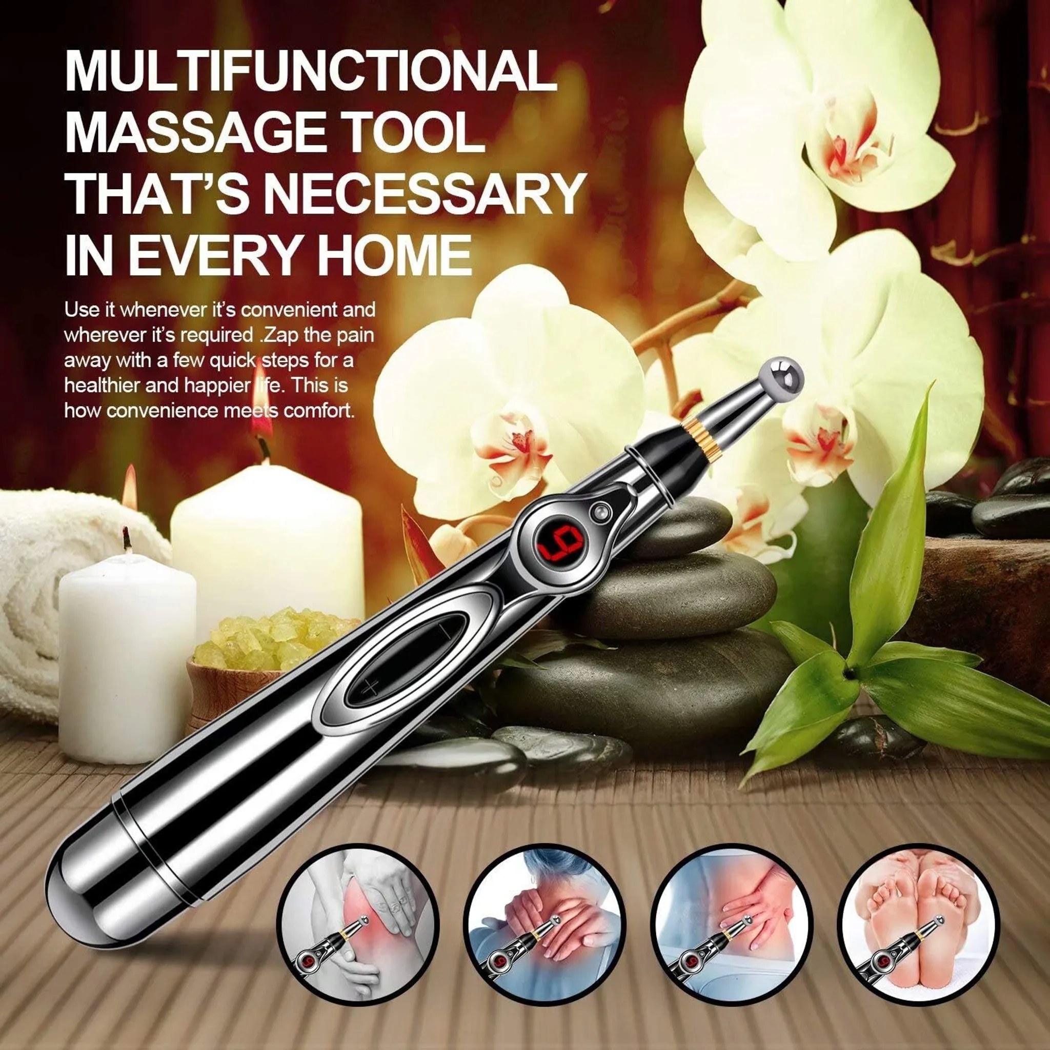 Ein Massagegerät mit silbernem Gehäuse, Schriftdesign und Orchideen im Hintergrund.