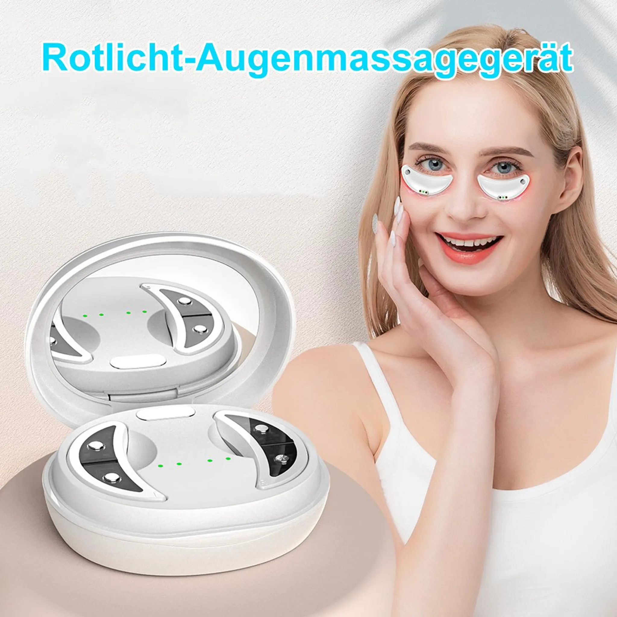Frau mit Rotlicht-Augenmassagegeräten und geöffneter Ladebox.
