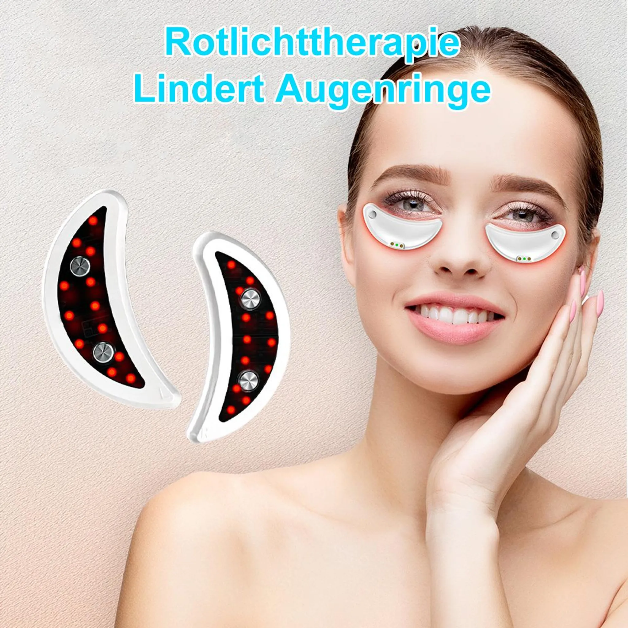 Frau mit Rotlicht-Augenmasken und zwei Paar Masken daneben.
