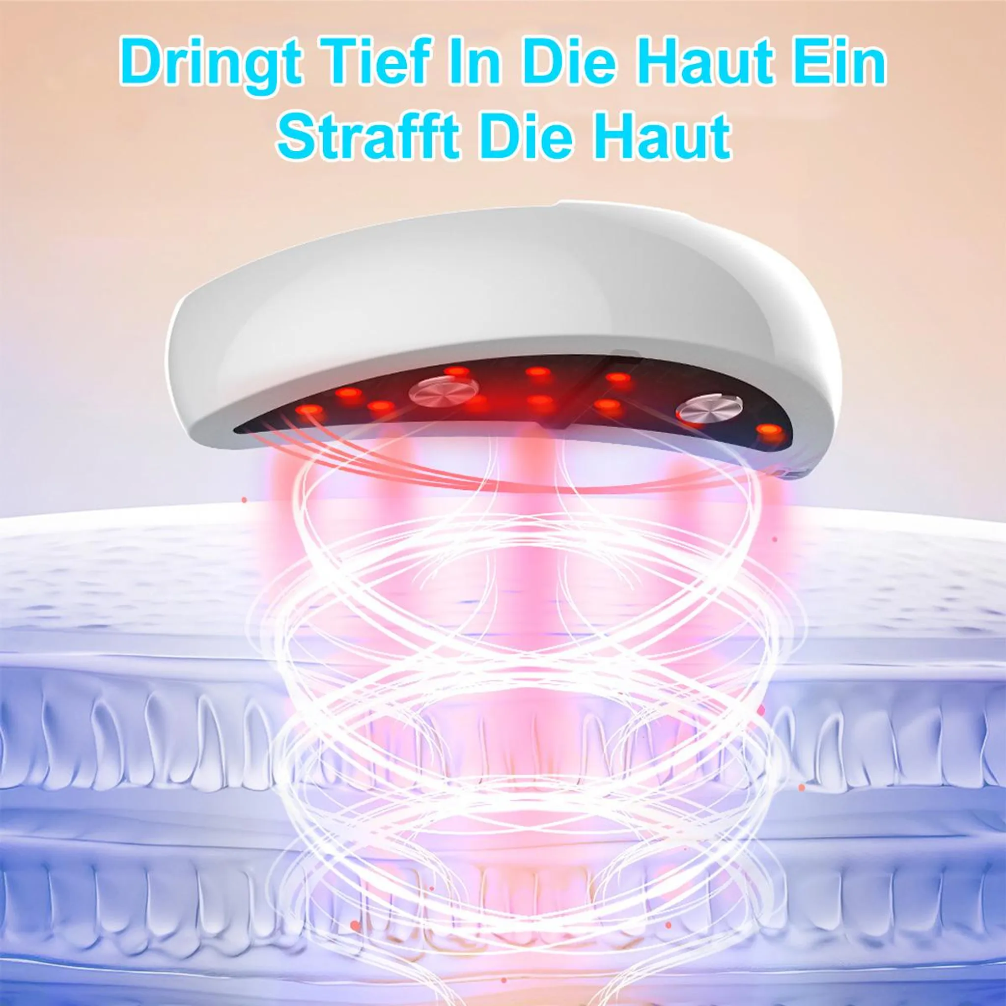 Ein weißes Gerät mit roten Lichtern überlagert die Hautschichten.