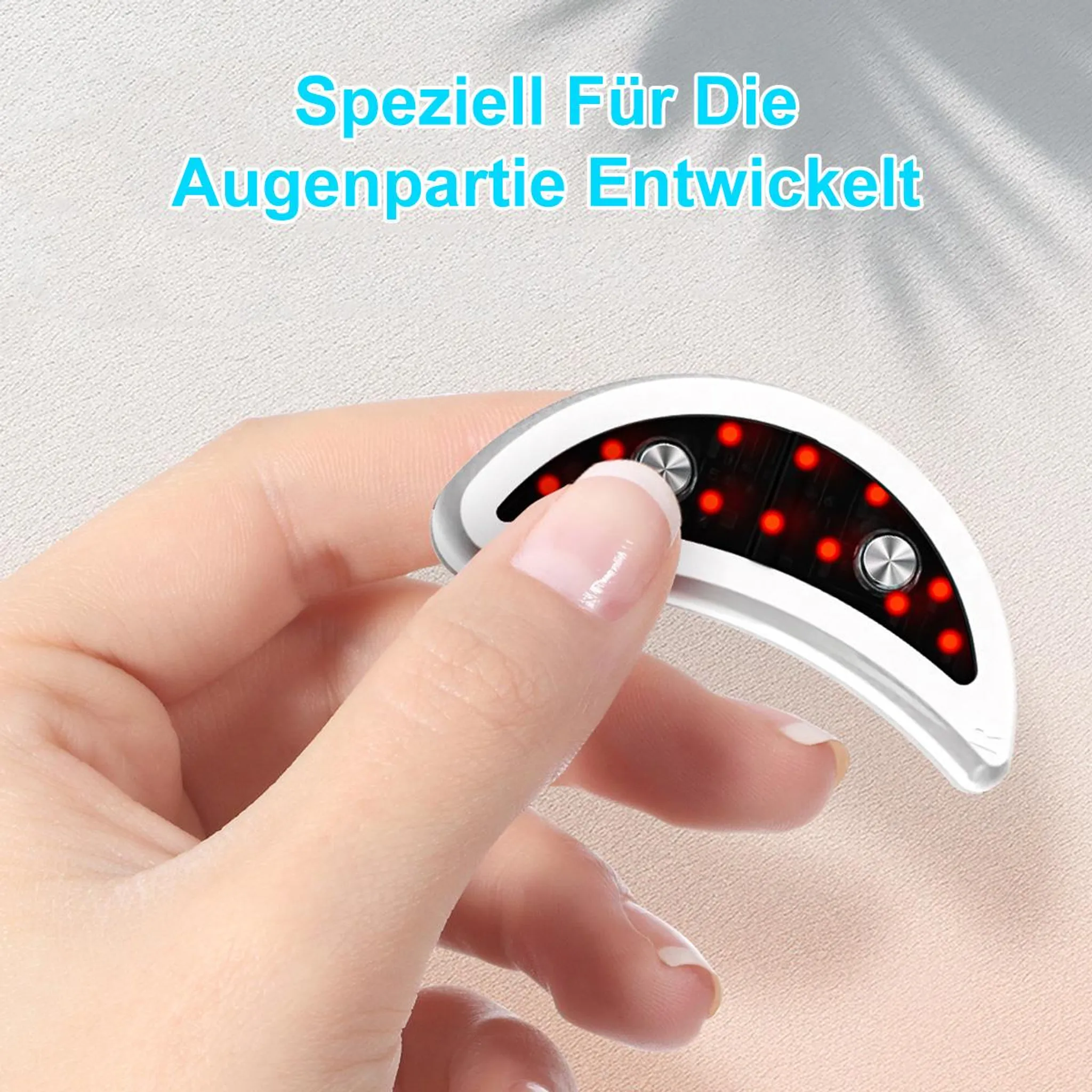 Eine Hand hält ein weißes Gerät mit roten Lichtern und Knöpfen.
