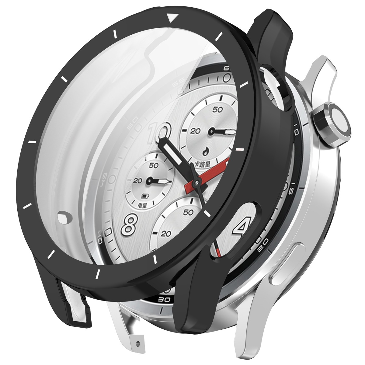 Smartwatch argentato con lunetta nera, quadranti bianchi e lancette rosse.
