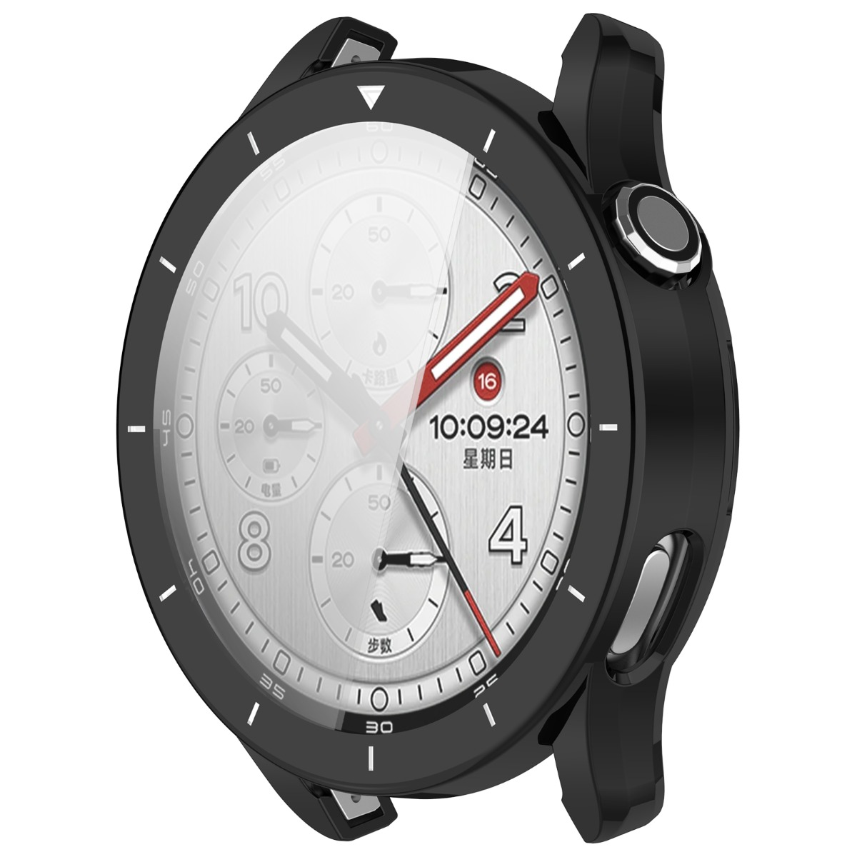 Una cassa di smartwatch nera con quadrante argentato e display digitali.