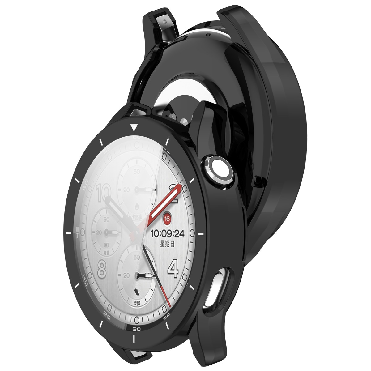 Custodia nera per smartwatch con quadrante bianco e letture digitali.
