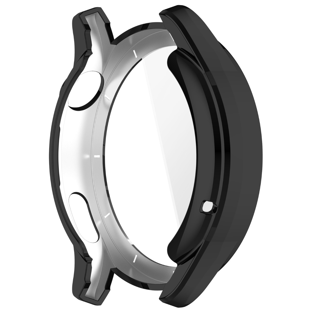 Custodia nera per orologio con inserto trasparente e ritagli.