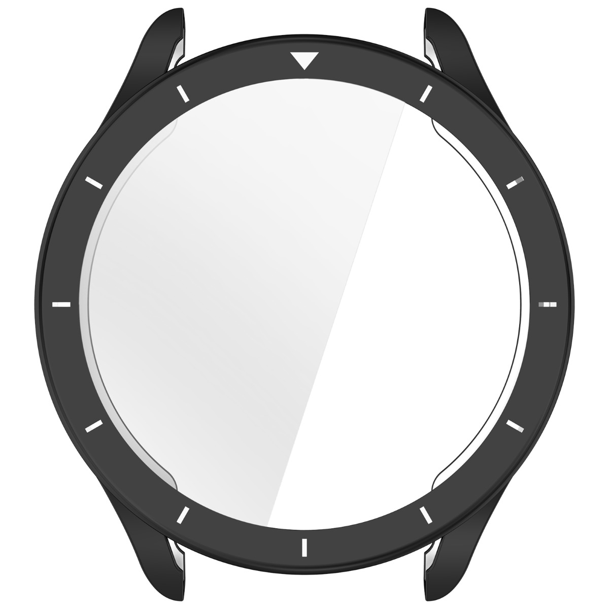 Una cassa di smartwatch nera con quadrante bianco e marcatori.