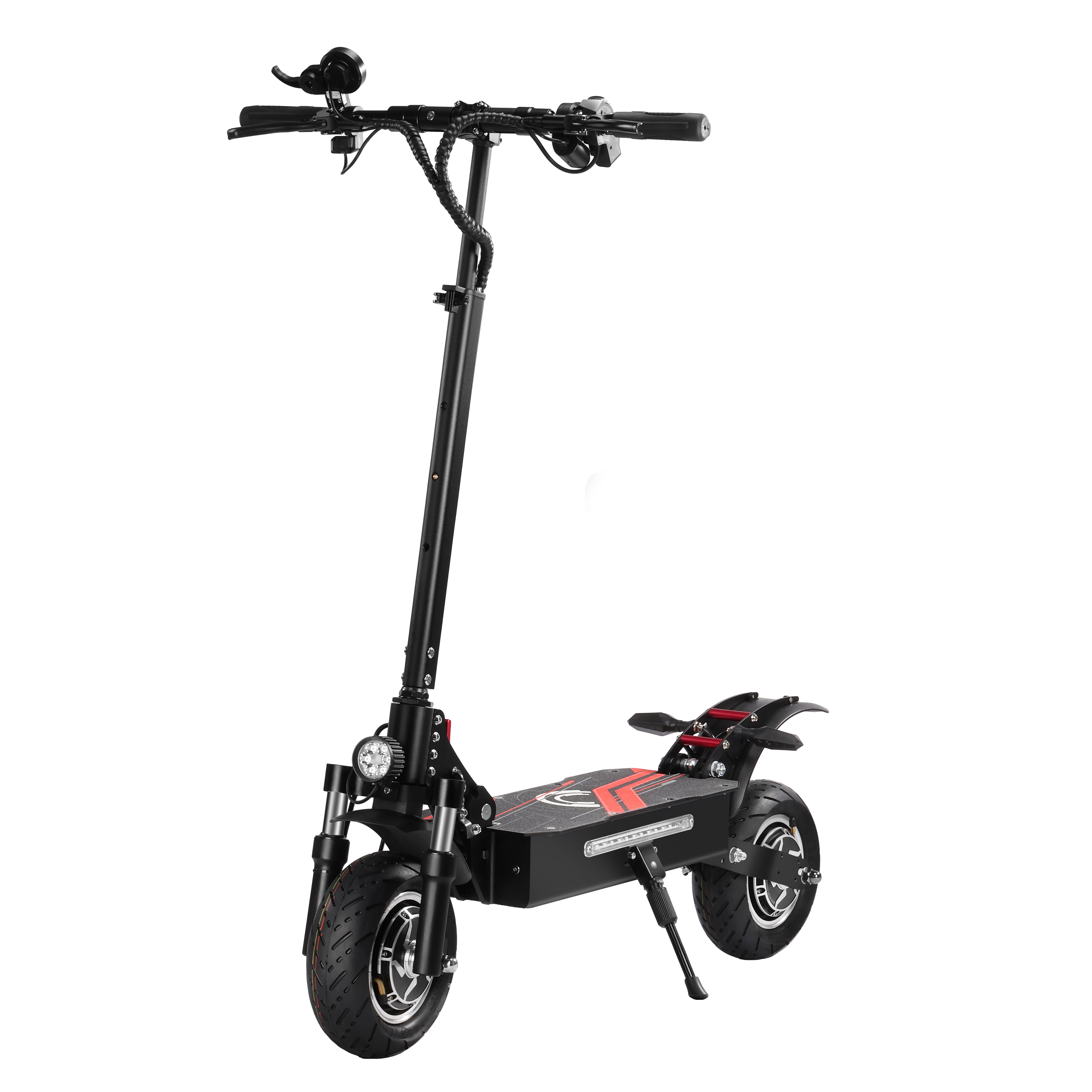 Uno scooter elettrico nero con accenti rossi su sfondo bianco.