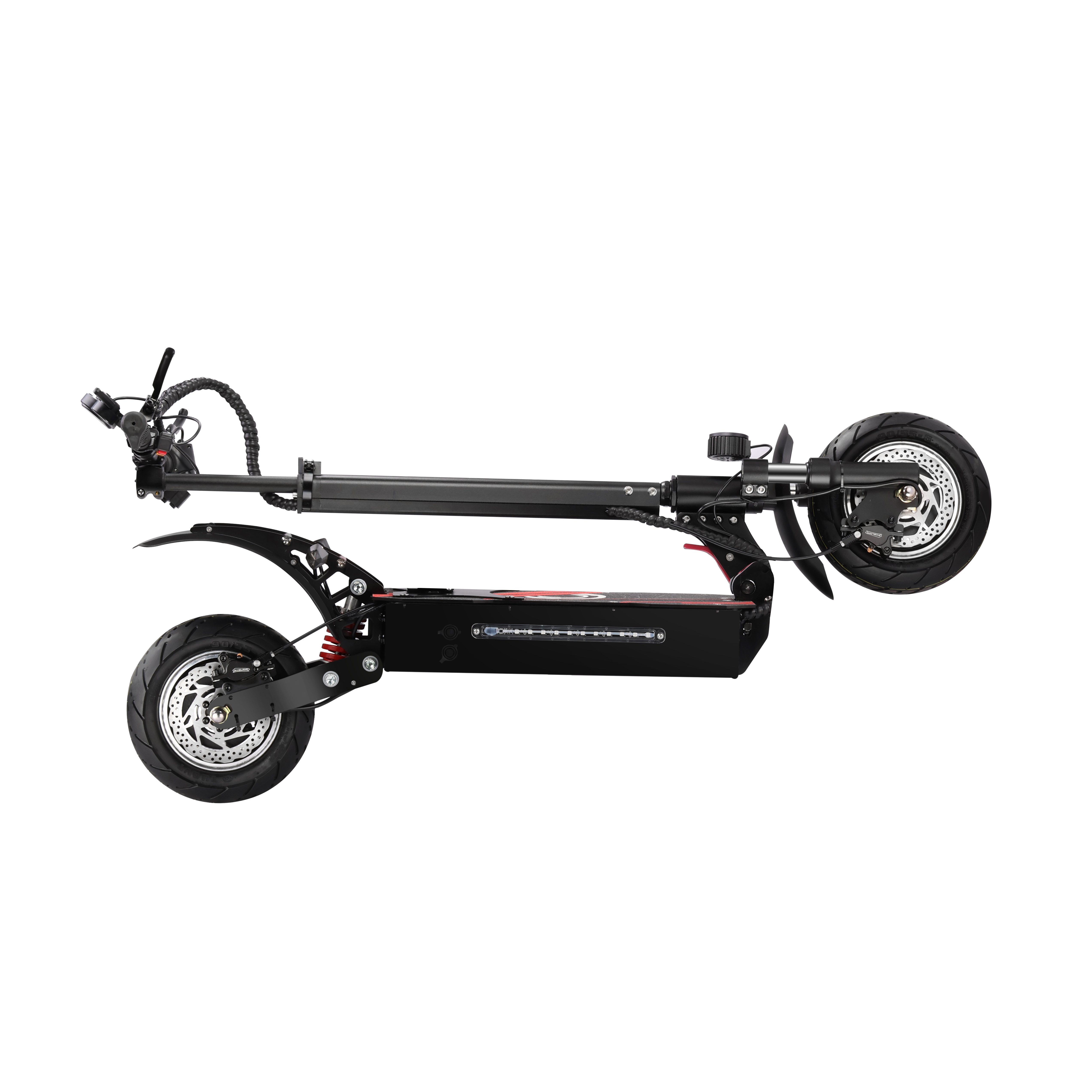 Uno scooter elettrico nero con accenti rossi, mostrato su sfondo bianco.