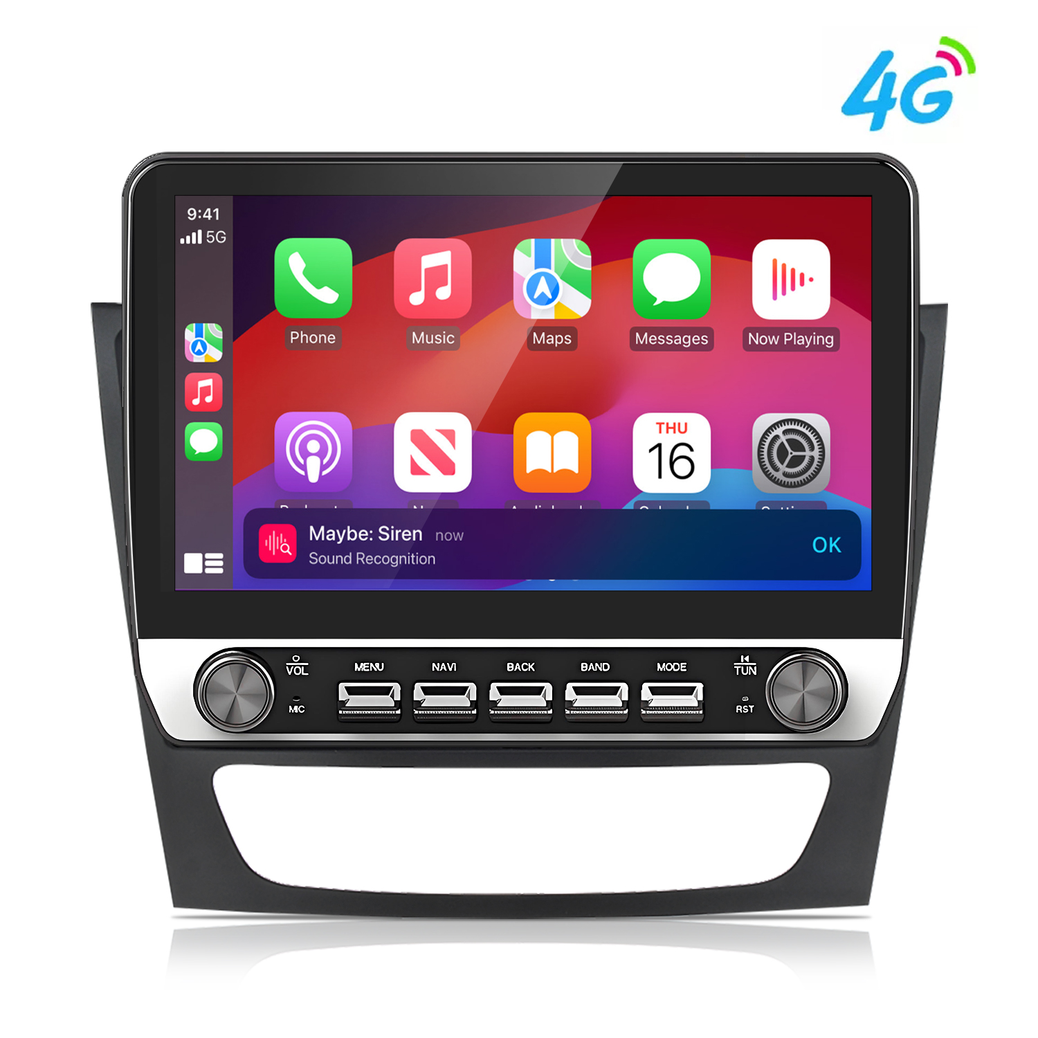 Ein Autoradio mit Touchscreen zeigt Apple CarPlay mit App-Symbolen und Bedienknöpfen.