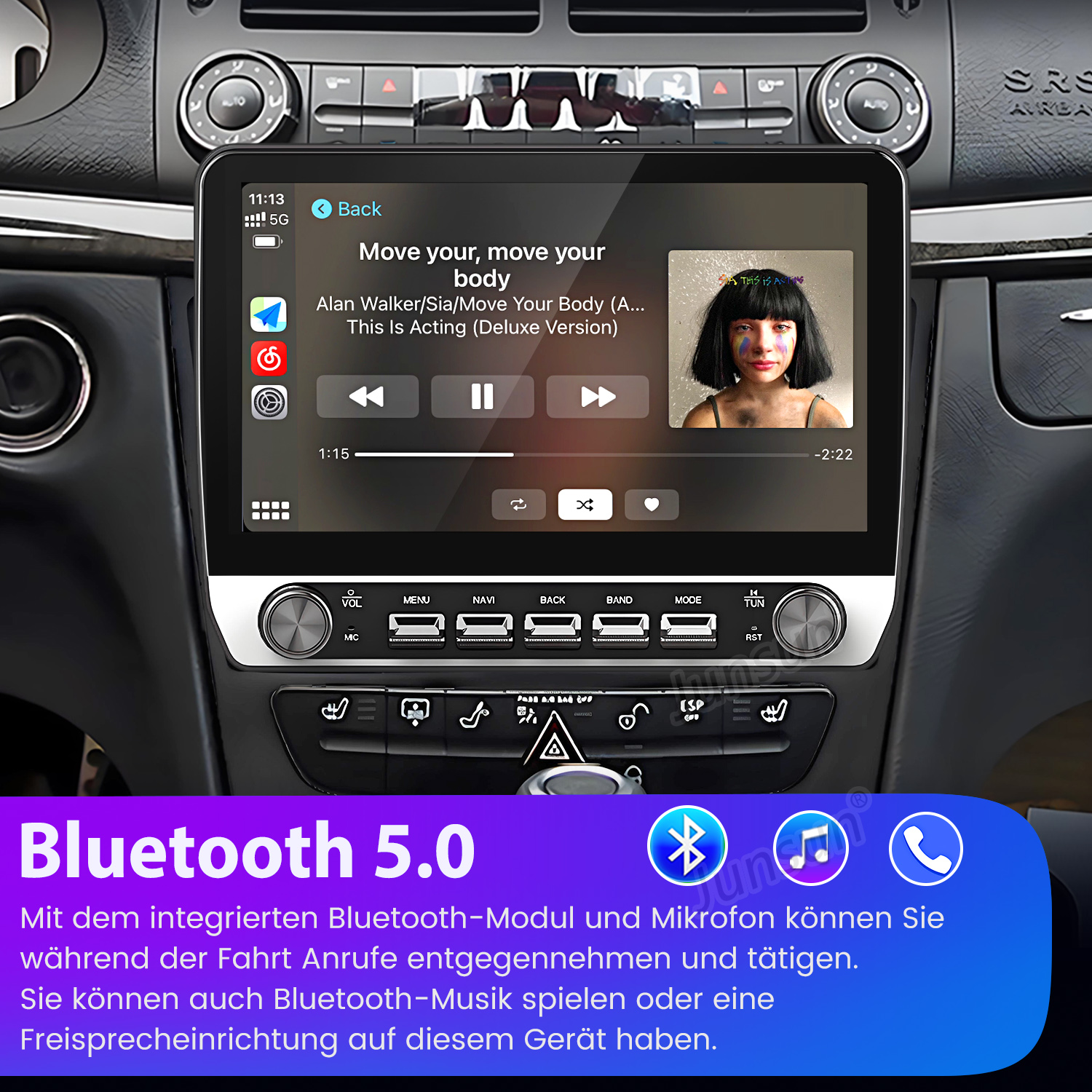 Ein Autoradio-Bildschirm zeigt Musikwiedergabe mit Albumcover. Unten Bluetooth 5.0 Text.
