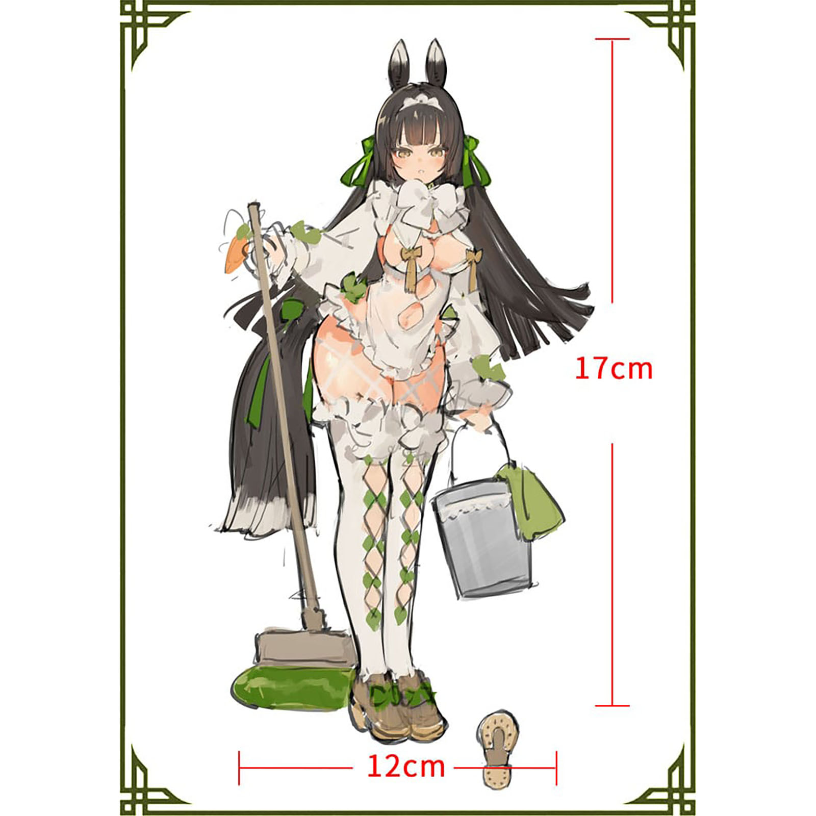 Anime-Mädchen mit Hasenohren hält einen Besen und einen Eimer.