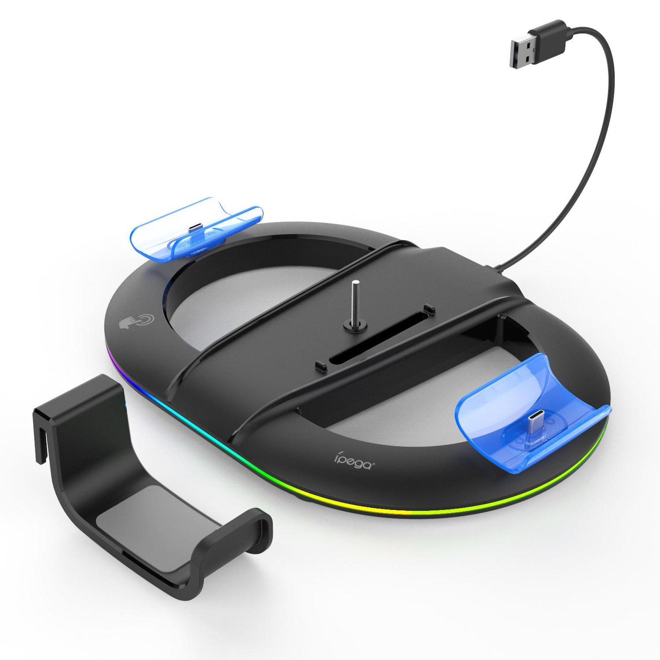 Base de carga negra para dos controles con detalles azules y luces RGB.