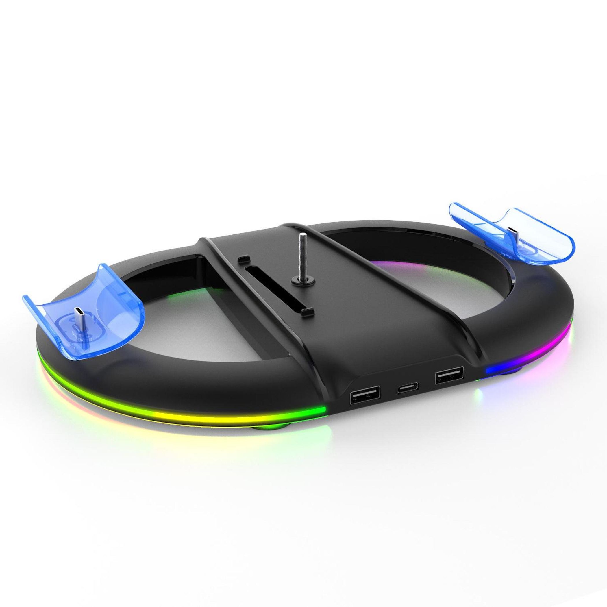 Soporte de carga negro con iluminación RGB, dos soportes y puertos USB.