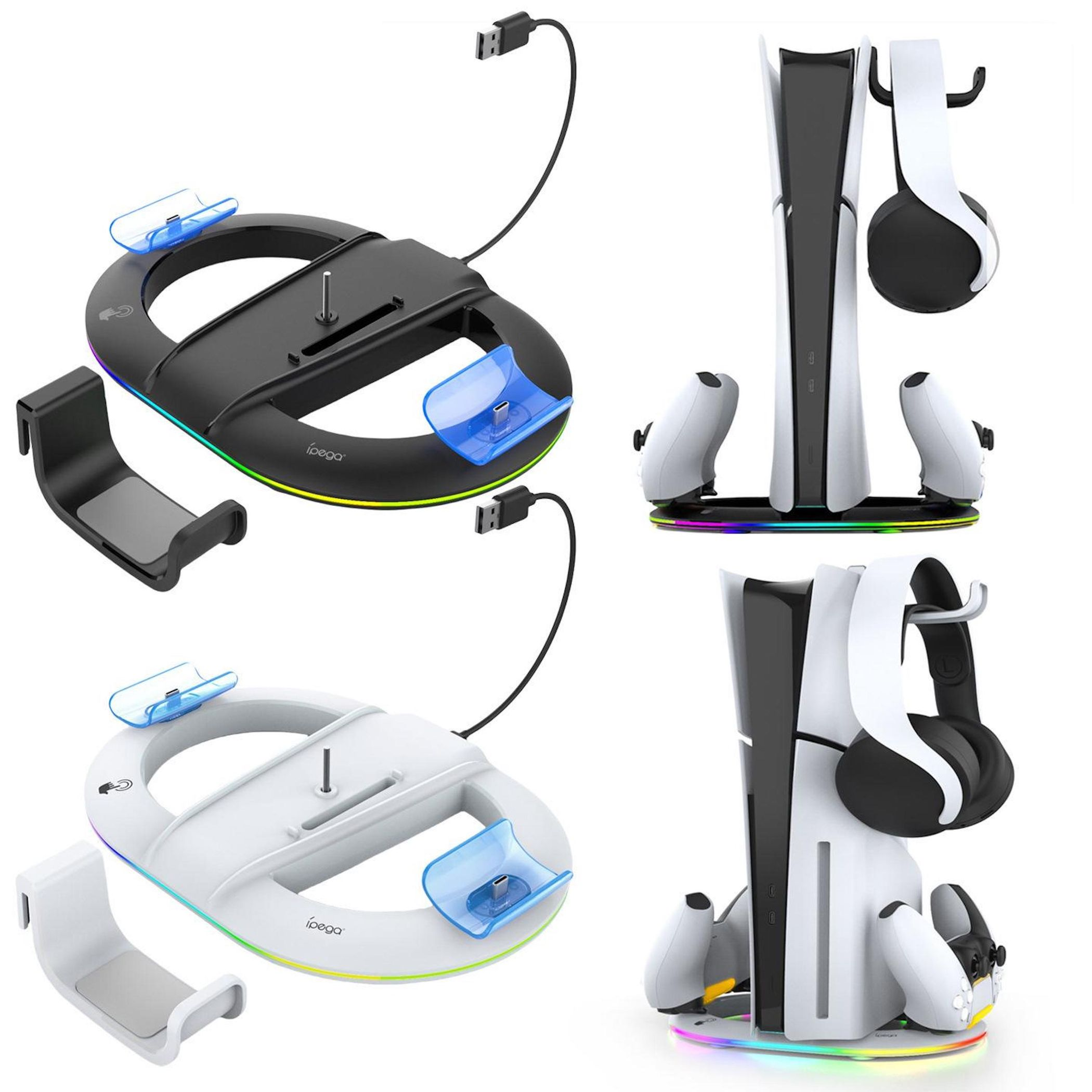 Un soporte de carga y almacenamiento para mandos y auriculares PS5.