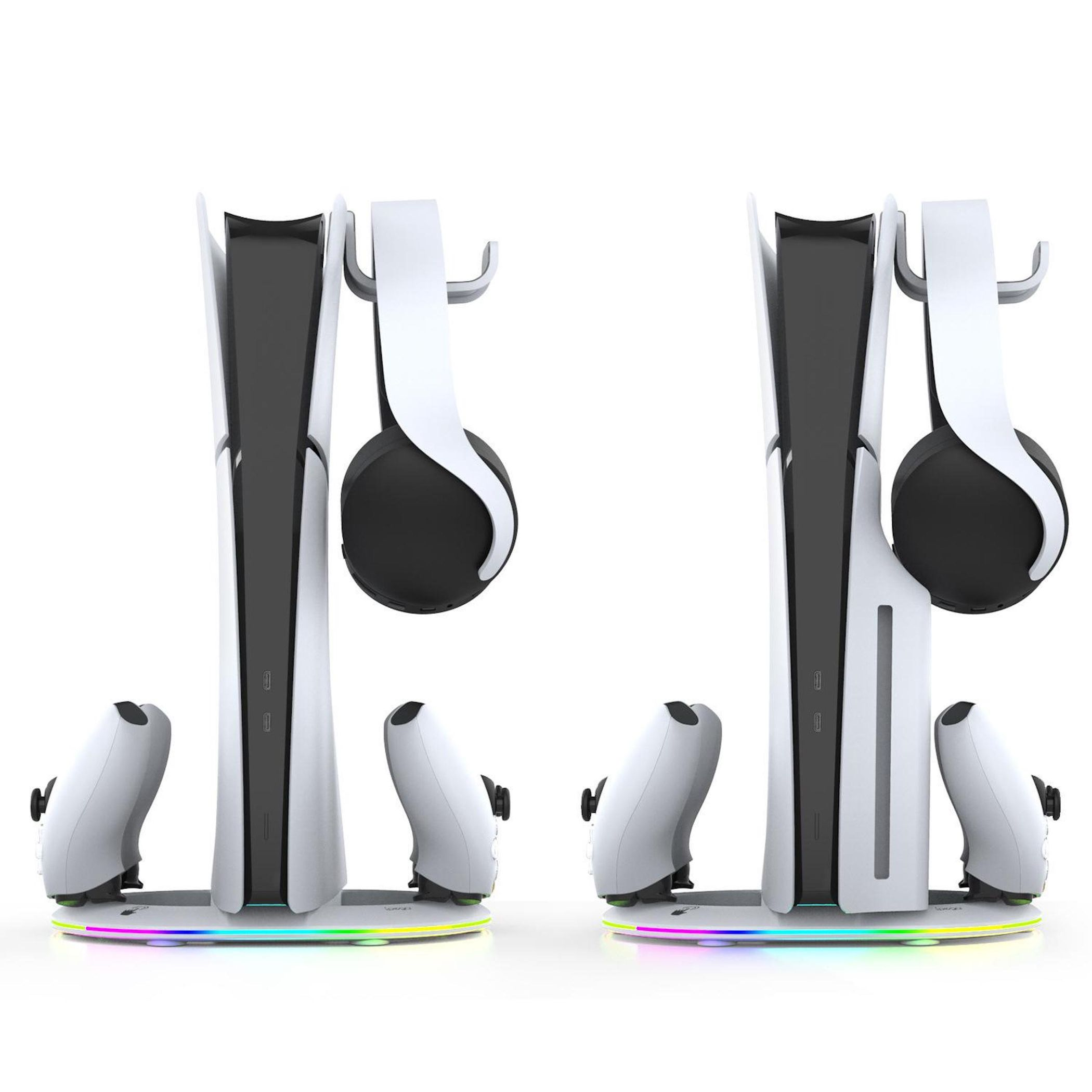 Dos soportes blancos para consola de juegos con mandos y auriculares, iluminados.
