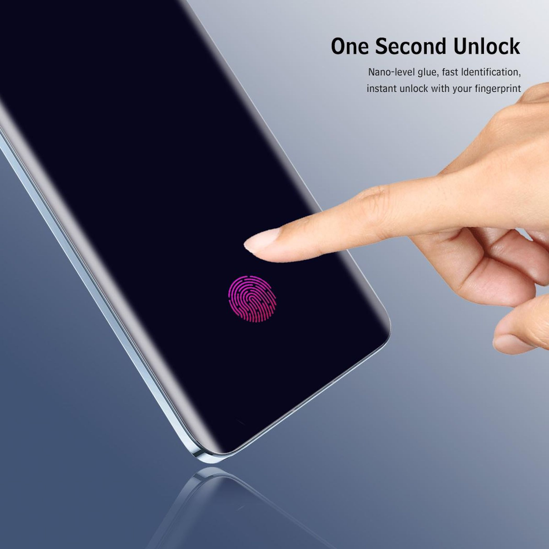Finger berührt ein Smartphone mit Fingerabdruck-Scanner.