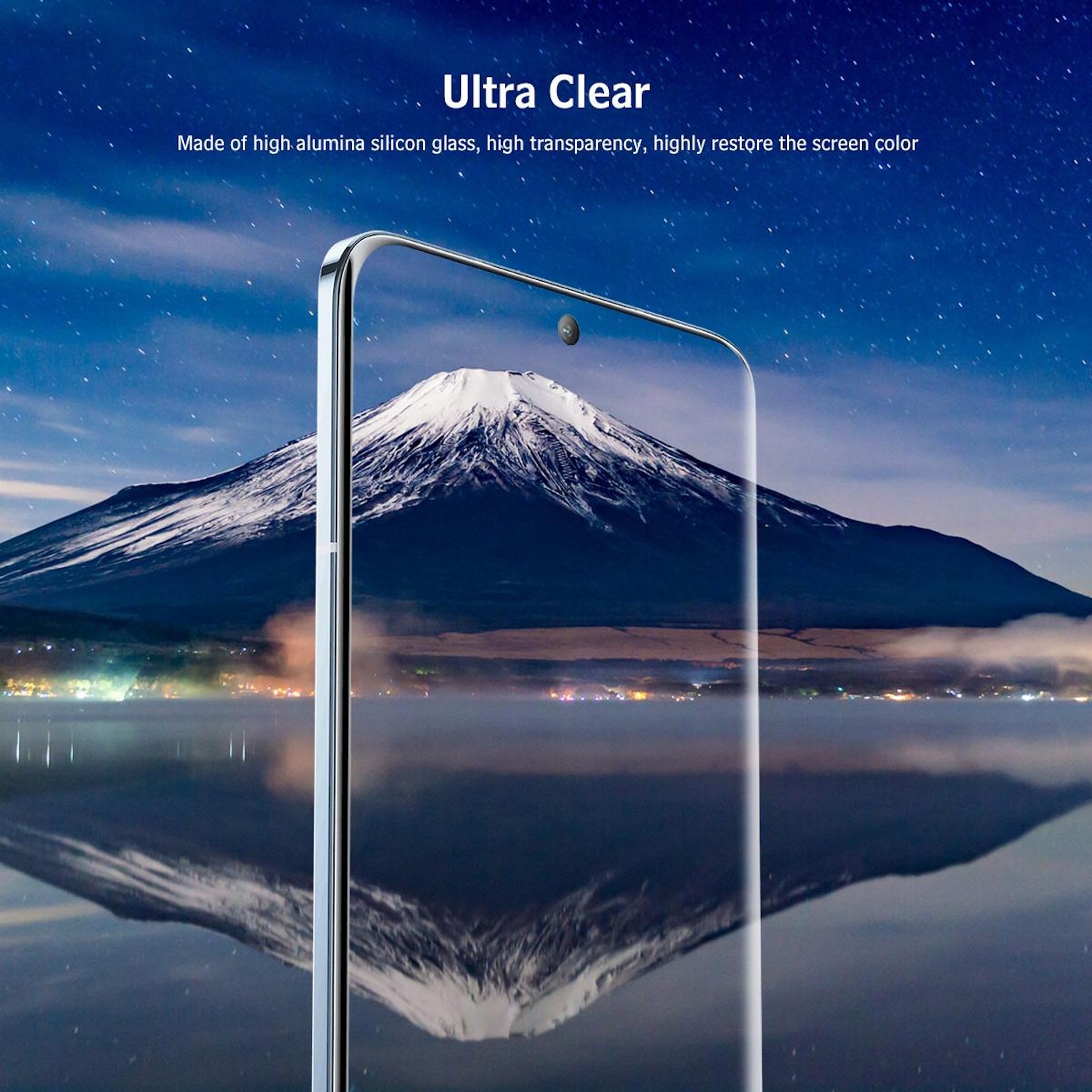 Ein Smartphone-Display zeigt einen schneebedeckten Berg bei Nacht unter einem Sternenhimmel.
