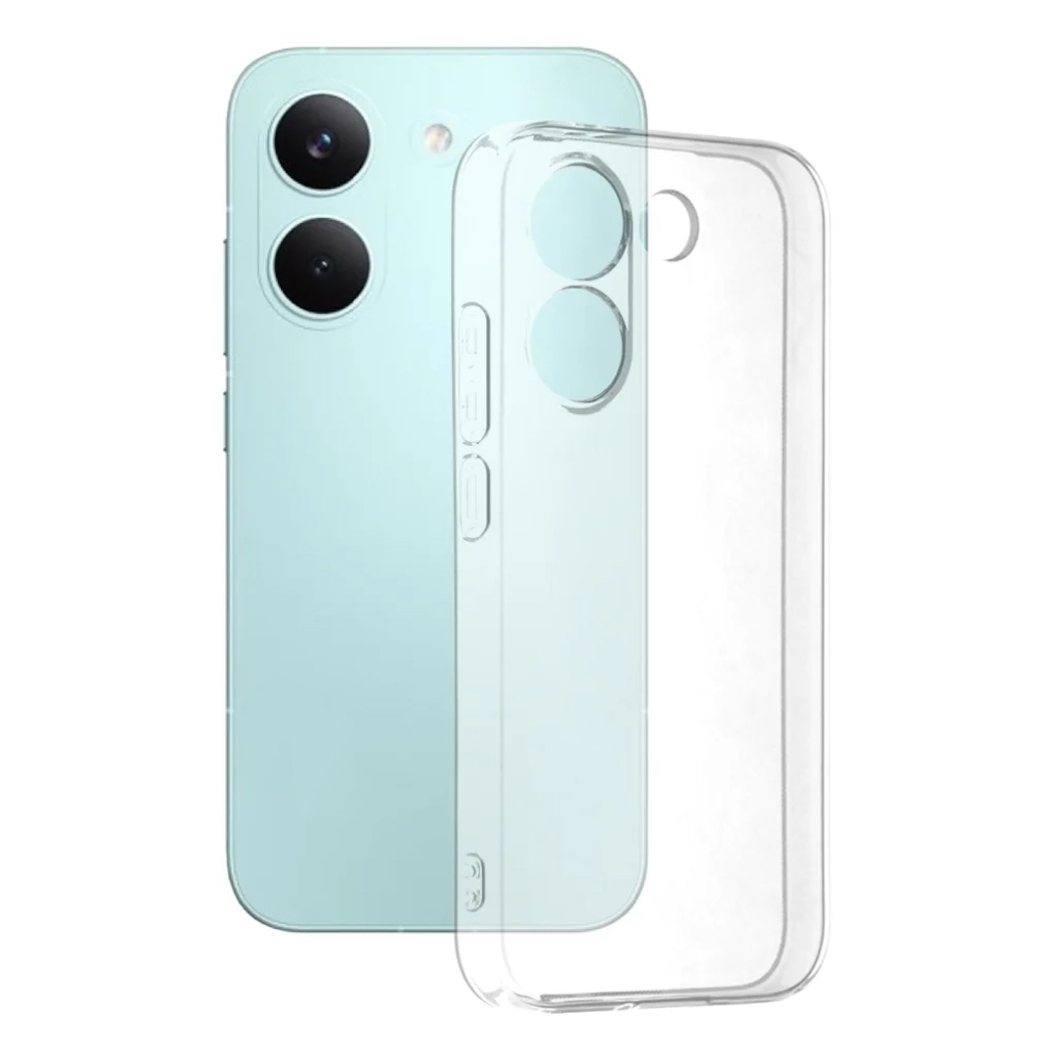 Ein hellblaues Smartphone mit zwei Kameras neben einer transparenten Schutzhülle.