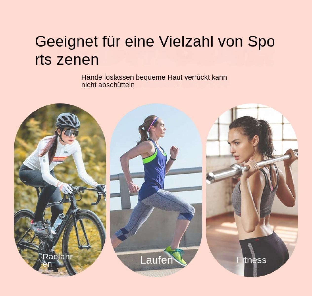 Frau beim Radfahren, Laufen und Fitness mit Hantelstange.