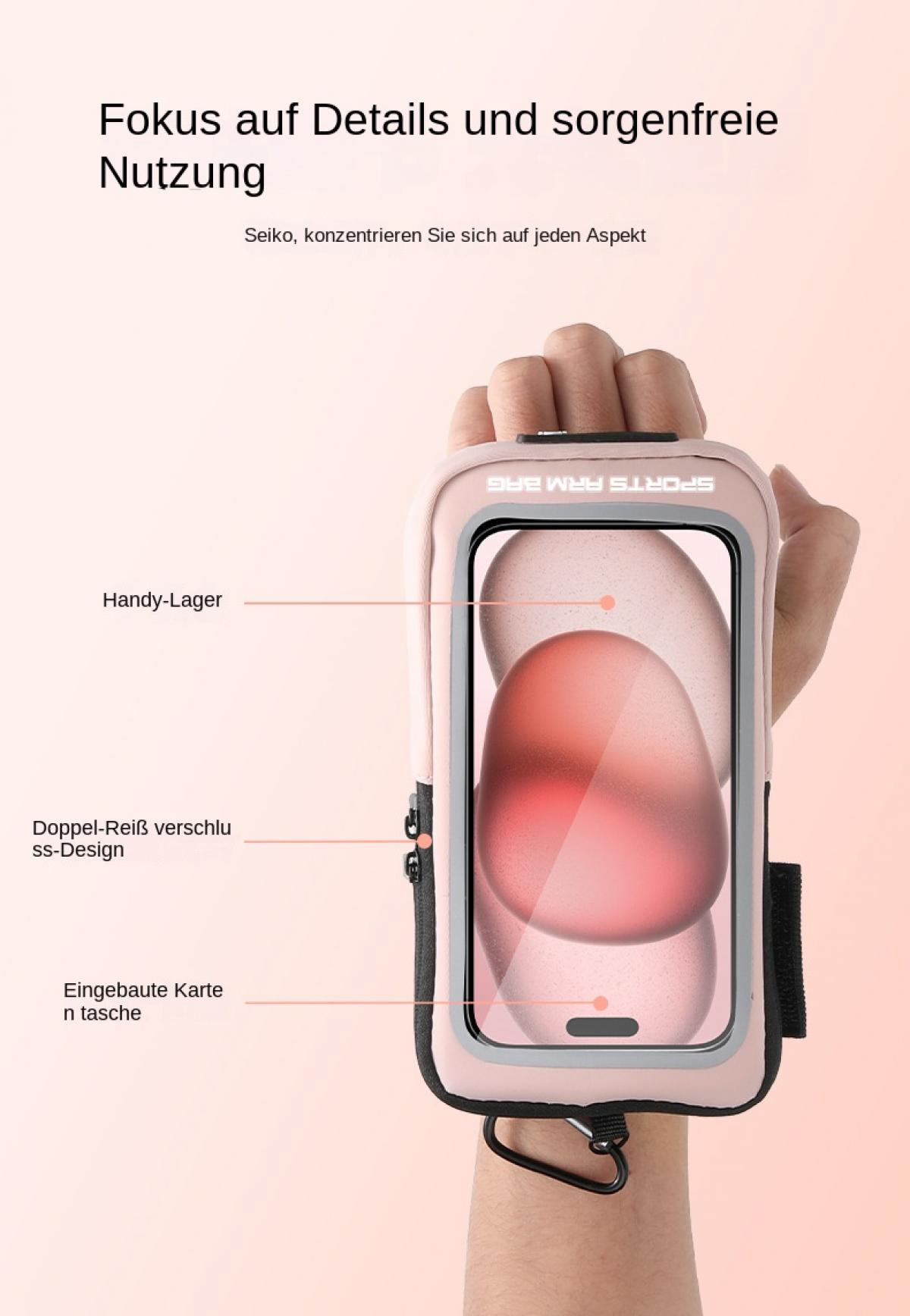 Eine Hand hält eine rosafarbene Sportarmtasche mit einem Handy.